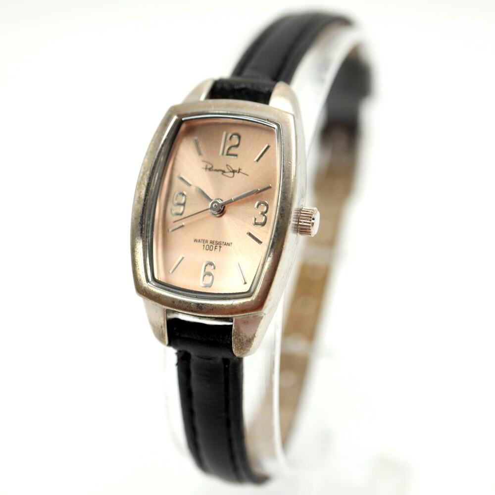 Panama Jack Silver Tone Barrel Dial Watch 20mm Black Faux Leather w New Battery